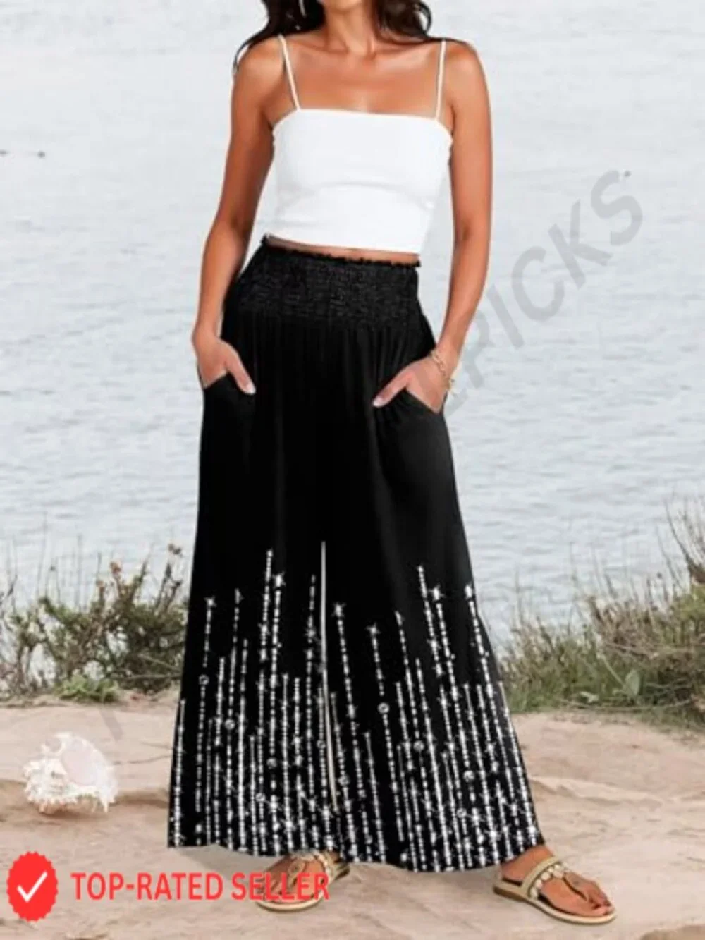 Wide Leg Palazzo Pants High Waist Flowy Casual Lounge Pockets Boho Beach